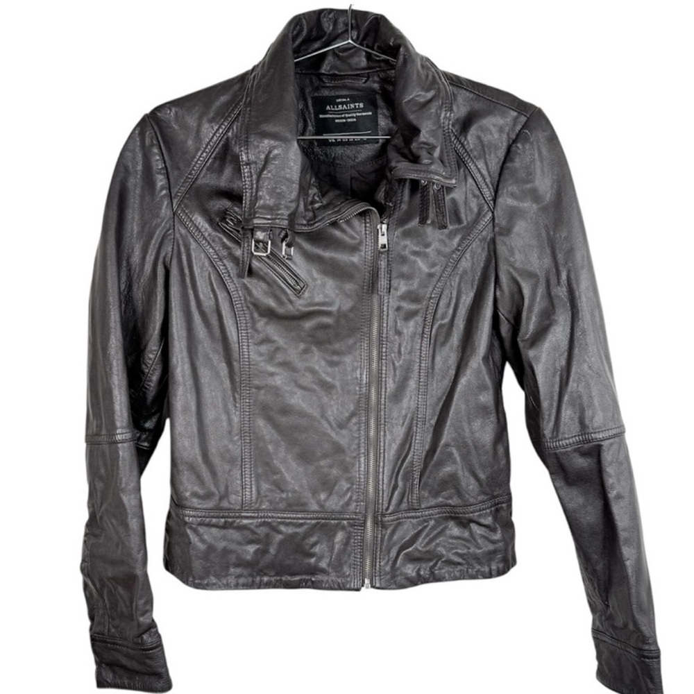 AllSaints Dark Exprsesso Leather Moto Jacket, size 10, like NEW